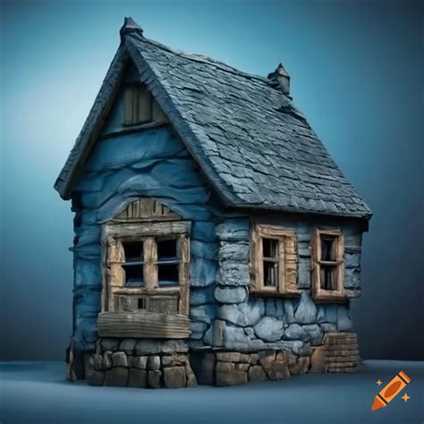 Small Old House With Stone Walls And Blue Grey Tiled Roof In Fantasy