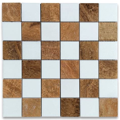 Thassos White Yellow Woodgrain Marble 2x2 Checkerboard Mosaic Tile