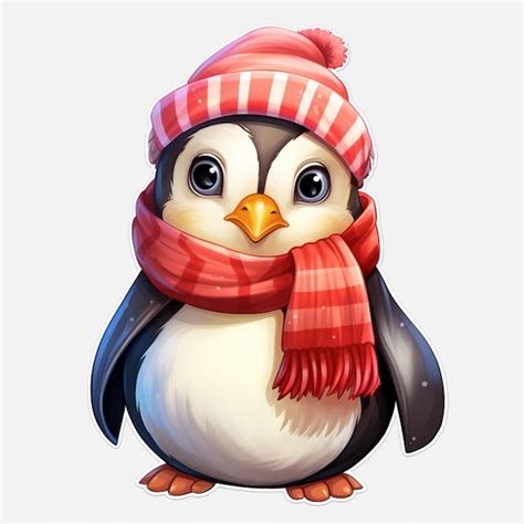 Cartoon Penguin Wearing A Red And White Hat And Scarf Generative Ai