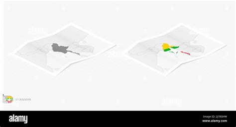 Set Of Two Realistic Map Of Myanmar With Shadow The Flag And Map Of