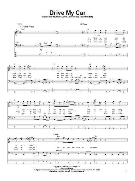 Drive My Car Bass Guitar Tab By The Beatles Bass Guitar Tab