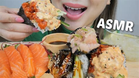 Asmr Sushi Spicy Salmon Unagi And Negitoro Cone With Salmon Sashimi And Avocado Sunomono No