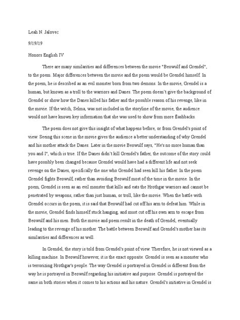 Hon Eng Iv From Beowulf Compare And Contrast Essay Pdf Beowulf Hector