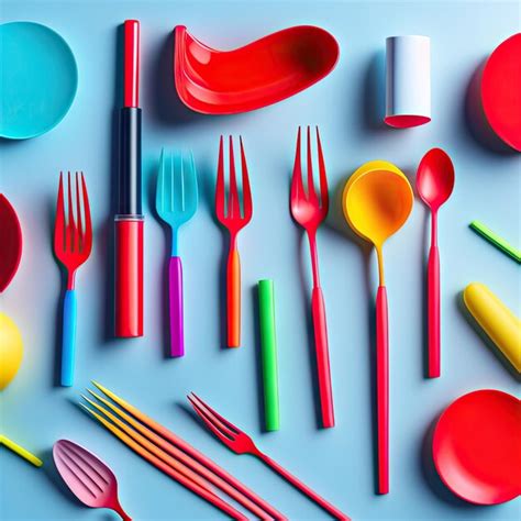 Premium Ai Image Bright Colorful Set Of Disposable Plastic Tableware