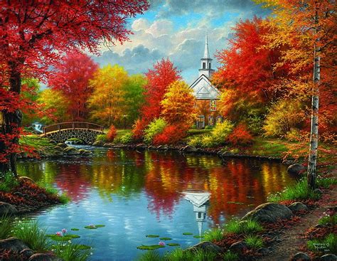 Autumn Tranquility Lake Red Autumn Yellow Colorlful Abraham