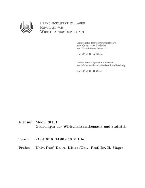 Klausur 21 März Winter 2017 2018 Fragen Fernuniversit at in Hagen