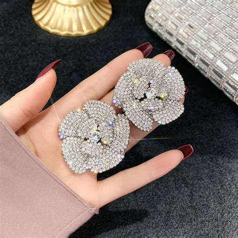 Fyuan Full Rhinestone Crystal Stud Earrings For Women Oversize Flower