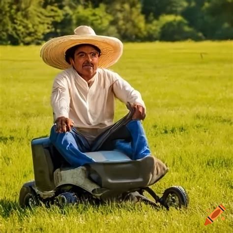 Mexican Man Riding A Lawn Mower Outside In A Field Sunshine Sombrero