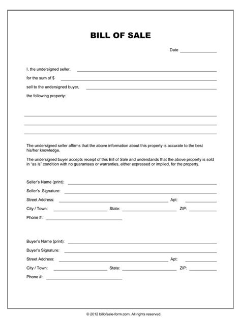 Bill Of Sale Forms Free Printable Documents