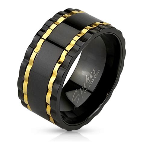 Bague Anneau Homme Acier Bicolore Or Et Noir Laqu Masculine Engrenage