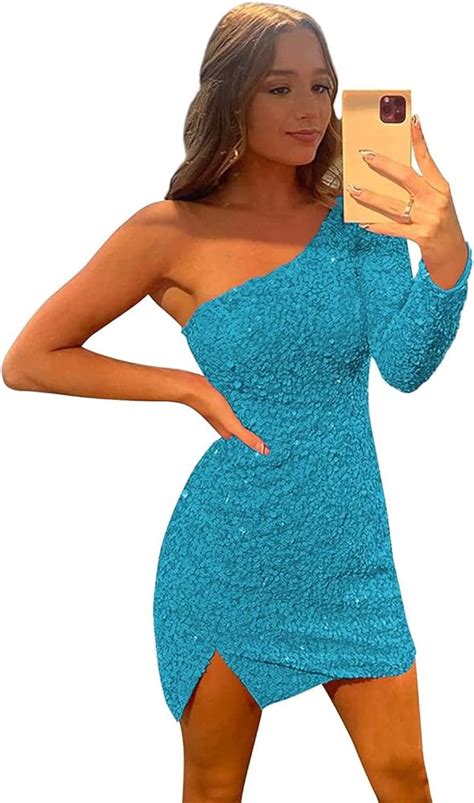 Blue One Shoulder Sequin Dress