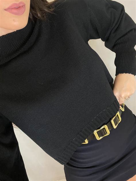 Cropped Tricot Gola Alta Manga Longa Bufante Punho Preto Lavinny Store