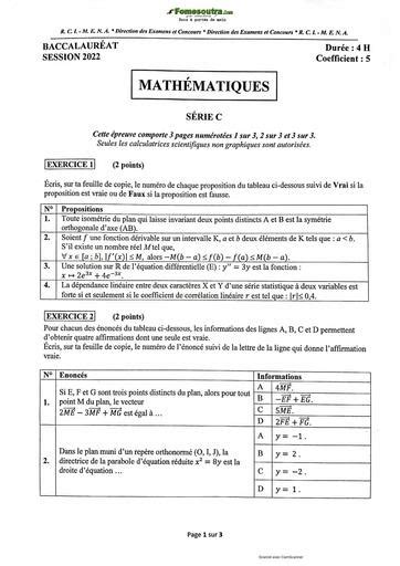 Sujet corrigé et barème de Maths BAC C 2022