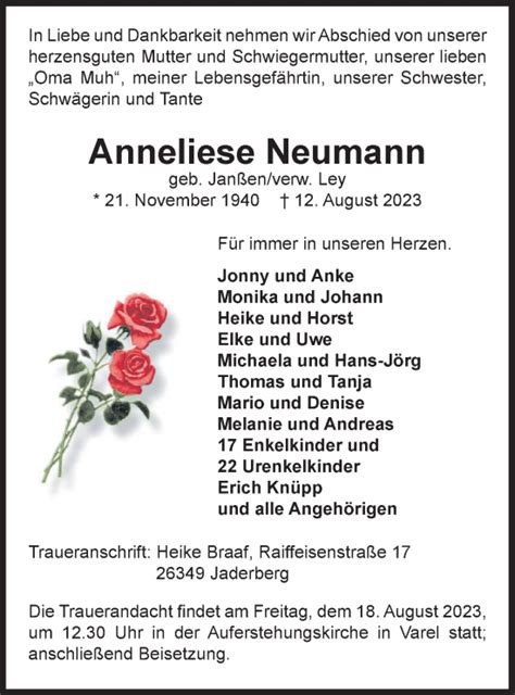 Traueranzeigen Von Anneliese Neumann Nordwest Trauer De