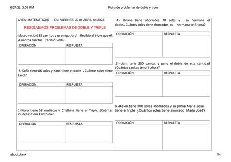 Solution Ficha De Problemas De Doble Y Triple Studypool