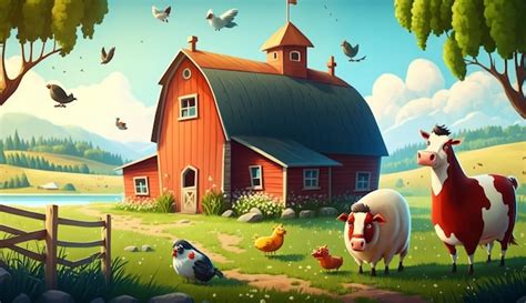 Premium AI Image | A farm scene with a barn and a sheep and a sign that says'farm