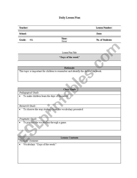 Days Of The Week Lesson Plan