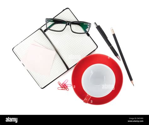 Coffee Cup And Office Supplies View From Above On White Background