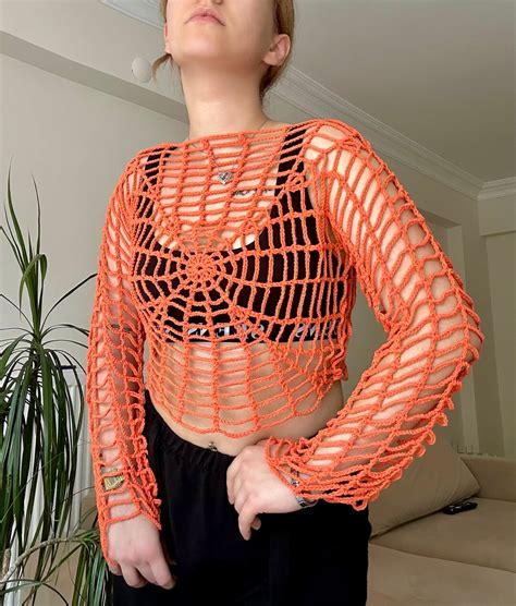 Spiderweb Crop Top Crochet Spider Blouse Spider Web Long Sleeve Top