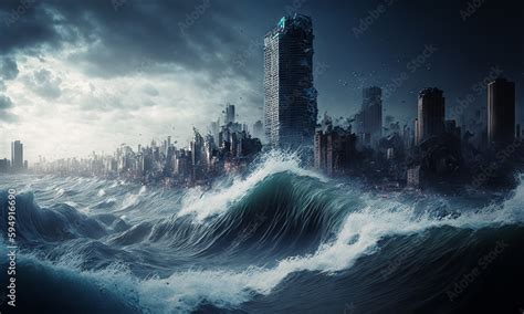 Huge Tsunami Destroying A City Dramatic Scenery With A Big Wave