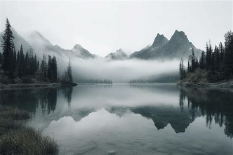 Un Lago De Monta A Con Un Cielo Brumoso Y Una Monta A Al Fondo Foto