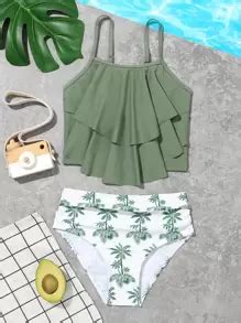 Tween Girl Palm Tree Print Hanky Hem Bikini Set Summer Beach SHEIN EUR