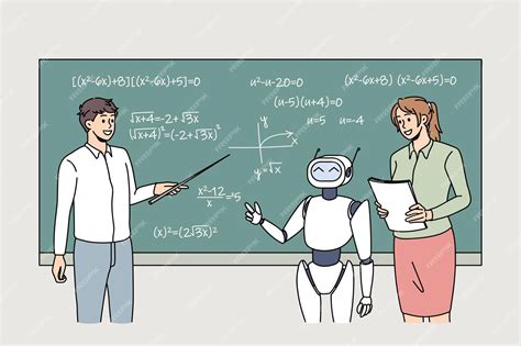 Premium Vector Digital Robot Helping Teachers At Board In Classroom