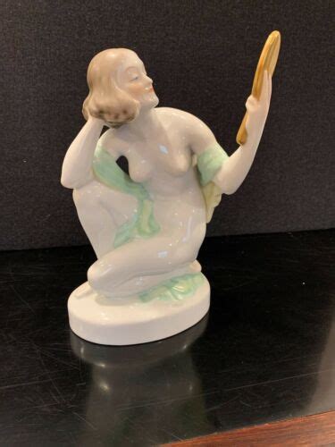 Excellent Vintage Herend Porcelain Nude Woman With Reflection Mirror