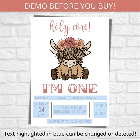 Holy Cow Im One Holy Cow Birthday Invitation Highland Cow Print Birthday Editable Cow