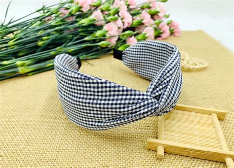 Navy Blue Gingham Twisted Headbandwide Headbandboho Etsy