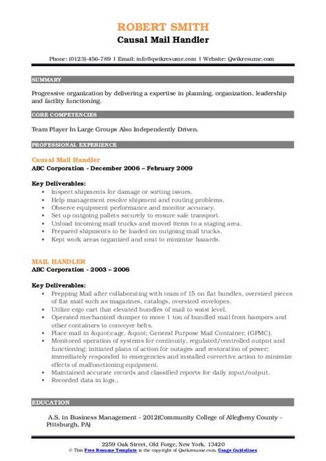 Mail Handler Resume Samples Qwikresume