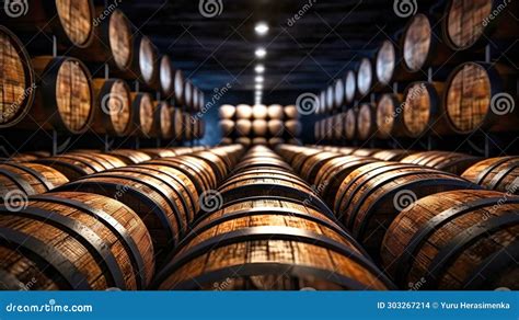 Oak Wooden Wine Barrels In An Old Dark Wine Cellar Foreground Cognac