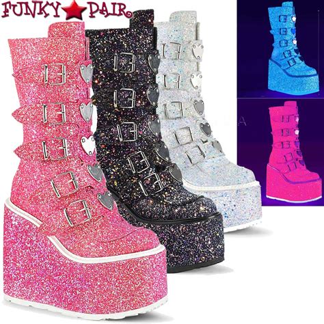 Demonia Swing 230g Uv Glitter Gogo Boot With Heart Buckles Straps