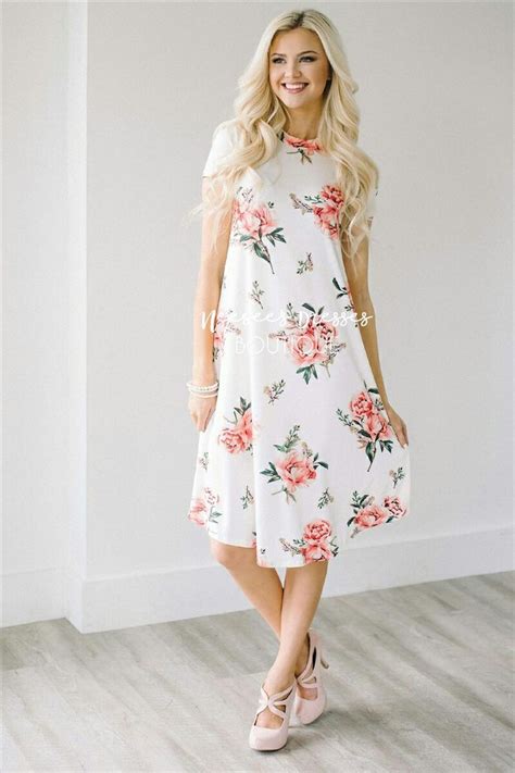 White Dress With Peach And Pink Flowers Modest Dresses Fashion Beautiful White Dresses