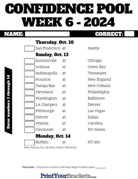 NFL Week 6 Confidence Pool Sheet 2024 Printable