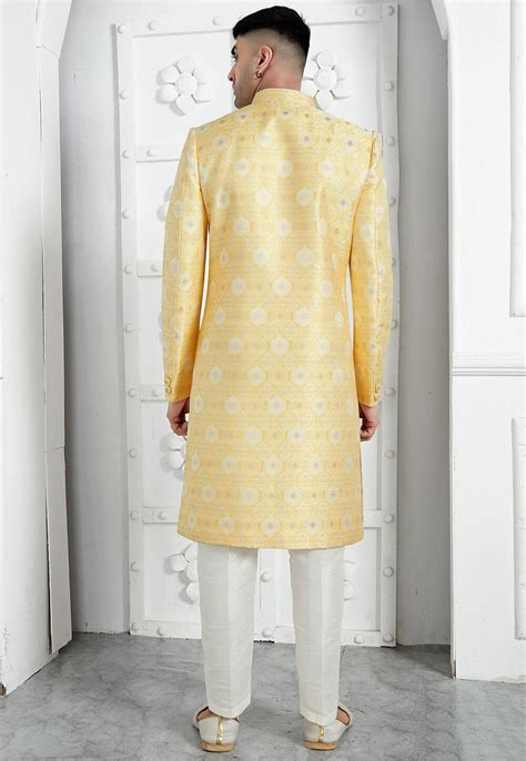 Buy Woven Art Jacquard Silk Layered Sherwani In Yellow And Off White