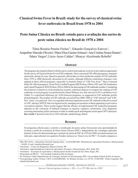 (PDF) Classical Swine Fever in Brazil: study for the survey of ...