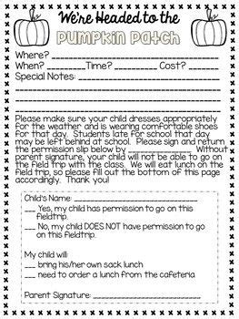 Editable Pumpkin Patch Field Trip Permission Slips Chaperone Info And