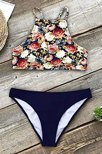 Amazon Cupshe Women S Braided Straps High Neck Bikini Sets Floral