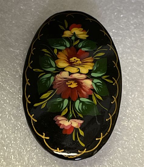 Russian Black Lacquer Oval Brooch Hand Painted Artist Gem