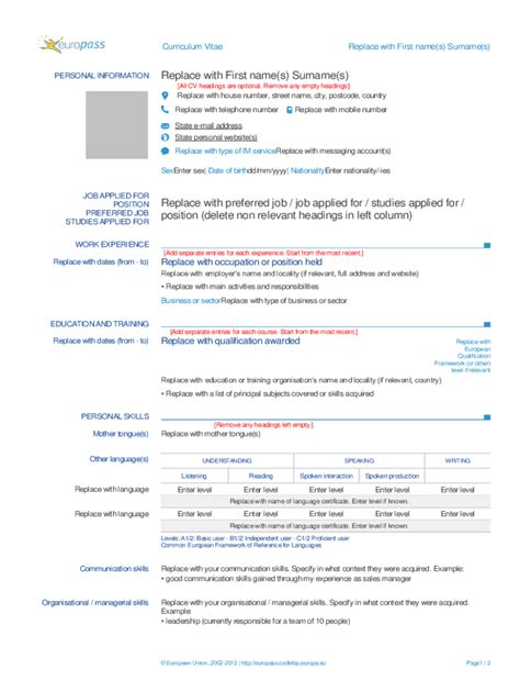 Fillable Online Europass Cv Template Ewsfewf Curriculum Vitae