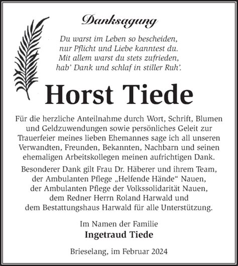 Traueranzeigen Von Horst Tiede M Rkische Onlinezeitung Trauerportal