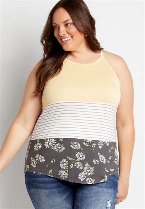 Plus Size 247 Yellow Floral Stripe High Neck Tank Top Maurices