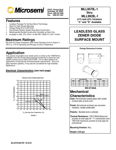 Mll B Datasheet Pdf Leadless Glass Zener Diode Surface Mount