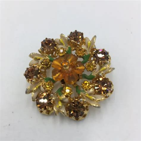 Pin Brooch Vintage Made In Austria Mark Amber Rhinestones Enamel Gold