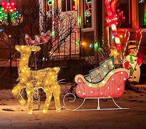 Lighted Christmas Reindeer Sleigh Outdoor Yard Decoration 65 Lights