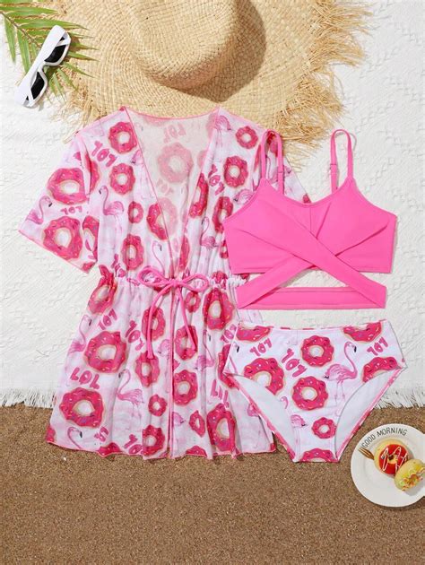 Conjunto De Bikini De Cruce Cruzado Con Estampado De Donas Y Kimono