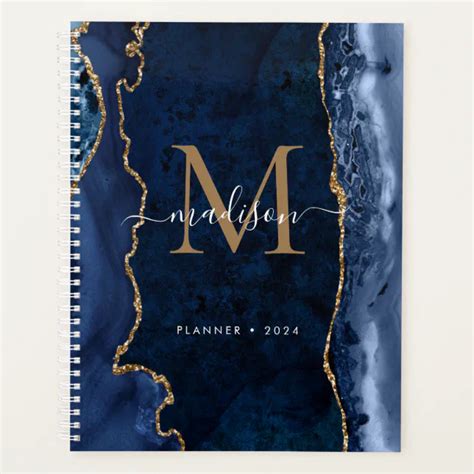 Modern Navy Blue Gold Agate Geode Monogram Script Planner Zazzle