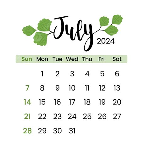 July 2024 Calendar Vector July 2024 Calendar Png And Vector With