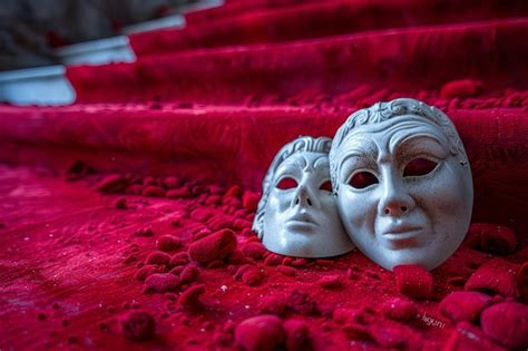 Dos máscaras están en una alfombra roja con las palabras máscaras